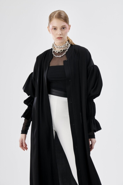 Black Abaya with Double Pleated Sleeve Details - 1