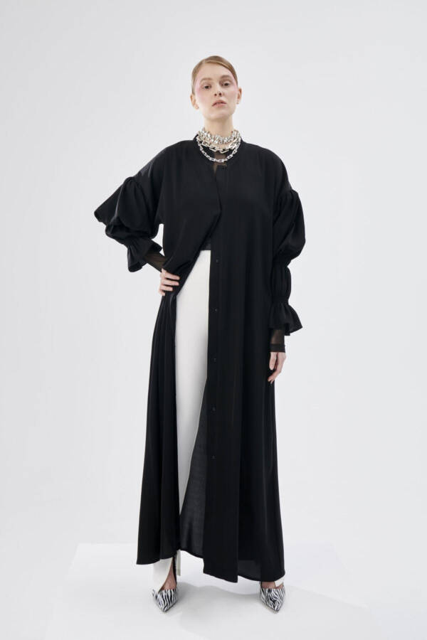 Black Abaya with Double Pleated Sleeve Details - 2