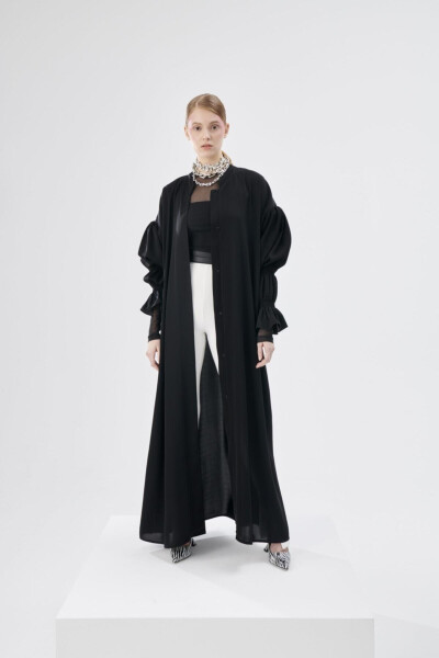 Black Abaya with Double Pleated Sleeve Details - 3