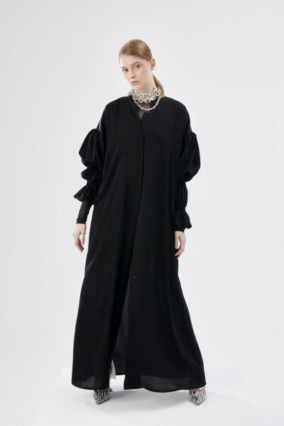 Black Abaya with Double Pleated Sleeve Details - 5