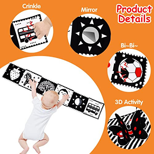 Black and White High Contrast Baby Toys 0-6 6-12 Months Soft Book for Newborn Brain Development Tummy Time Toys Infant Sensory Crinkle Toys 0-3 3-6 Month Montessori Learning Activities for Babies - 4