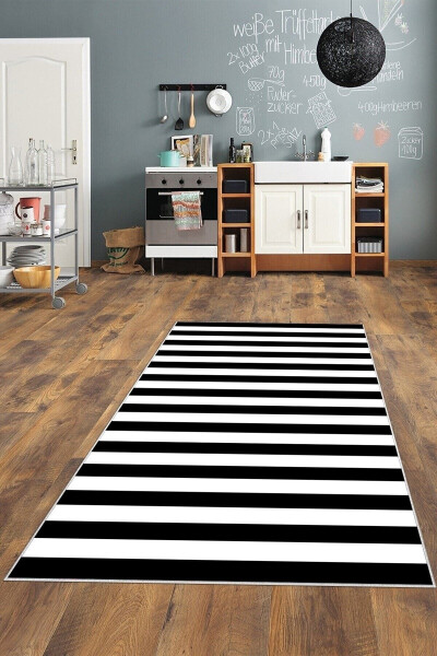 Black and White Striped Washable Non-Slip Stain-Resistant Modern Living Room Rug and Runner - 1