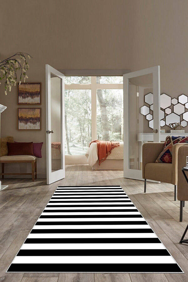 Black and White Striped Washable Non-Slip Stain-Resistant Modern Living Room Rug and Runner - 2