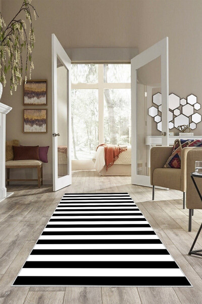 Black and White Striped Washable Non-Slip Stain-Resistant Modern Living Room Rug and Runner - 3