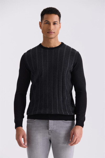 Black / Anthracite Slim Fit Crew Neck Striped Knit Sweater - 5