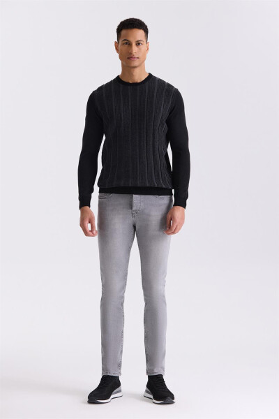 Black / Anthracite Slim Fit Crew Neck Striped Knit Sweater - 6