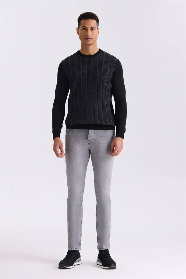 Black / Anthracite Slim Fit Crew Neck Striped Knit Sweater - 6