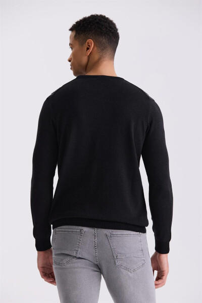 Black / Anthracite Slim Fit Crew Neck Striped Knit Sweater - 8