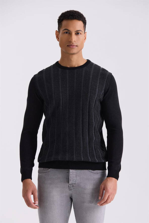 Black / Anthracite Slim Fit Crew Neck Striped Knit Sweater - 1