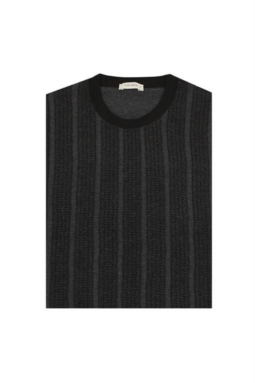 Black / Anthracite Slim Fit Crew Neck Striped Knit Sweater - 9