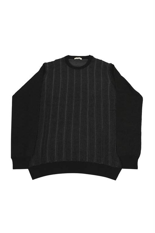 Black / Anthracite Slim Fit Crew Neck Striped Knit Sweater - 11