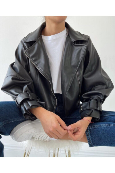 Black Balloon Sleeve Leather Jacket - 1