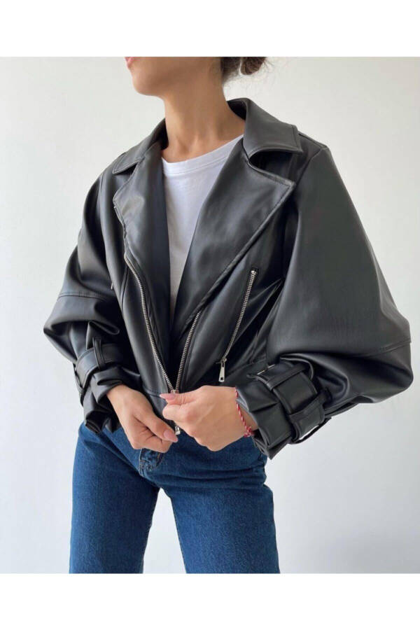 Black Balloon Sleeve Leather Jacket - 4