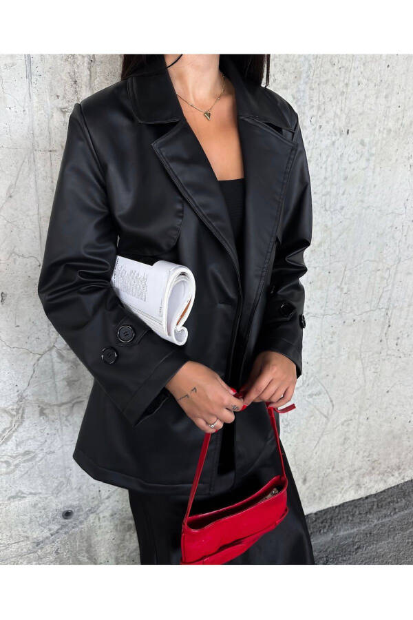 Black Belted Blazer Leather Jacket - 3