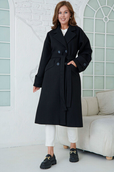 Black, belted, long coat with drop shoulders. - 2