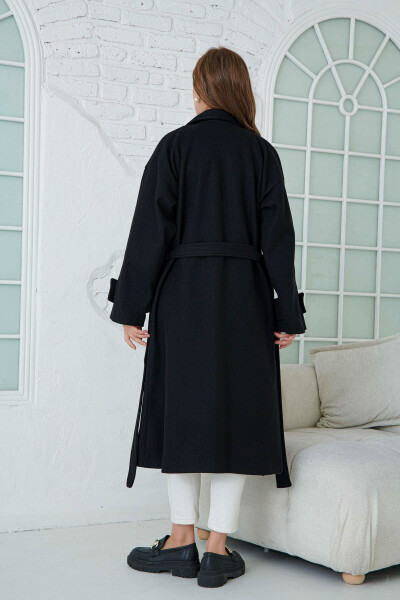 Black, belted, long coat with drop shoulders. - 3