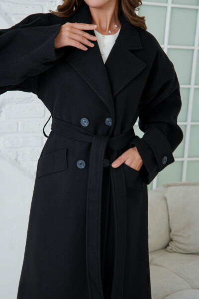 Black, belted, long coat with drop shoulders. - 4