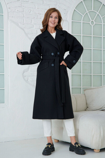 Black, belted, long coat with drop shoulders. - 8