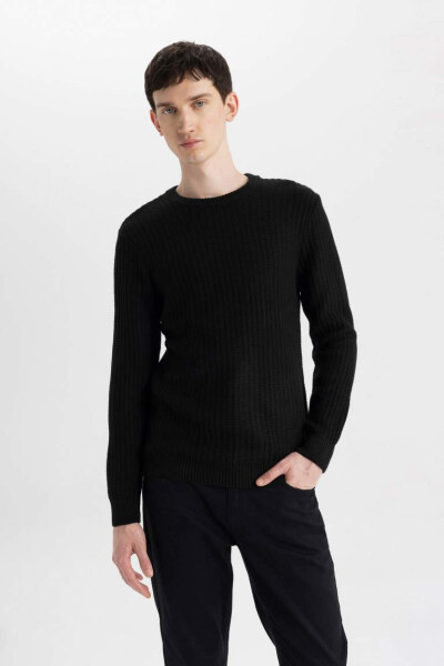 Black bisiklet collar, standard fit, jacquard men's sweater. - 1