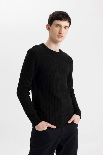 Black bisiklet collar, standard fit, jacquard men's sweater. - 3