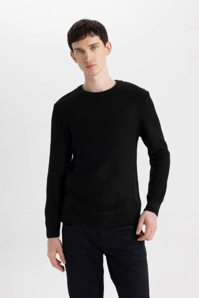 Black bisiklet collar, standard fit, jacquard men's sweater. - 4