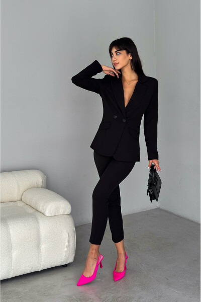 Black Blazer Jacket and Carrot Trousers Suit - 1