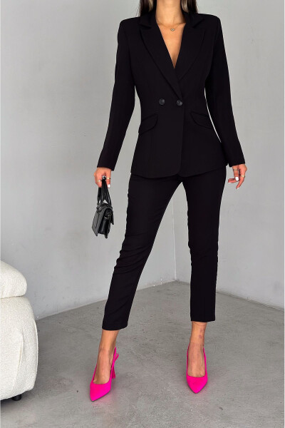 Black Blazer Jacket and Carrot Trousers Suit - 5