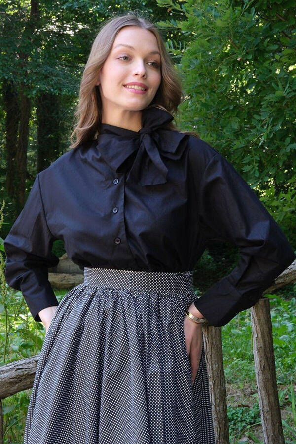 Black Bow Blouse & Black Polka Dot Skirt Set - 4