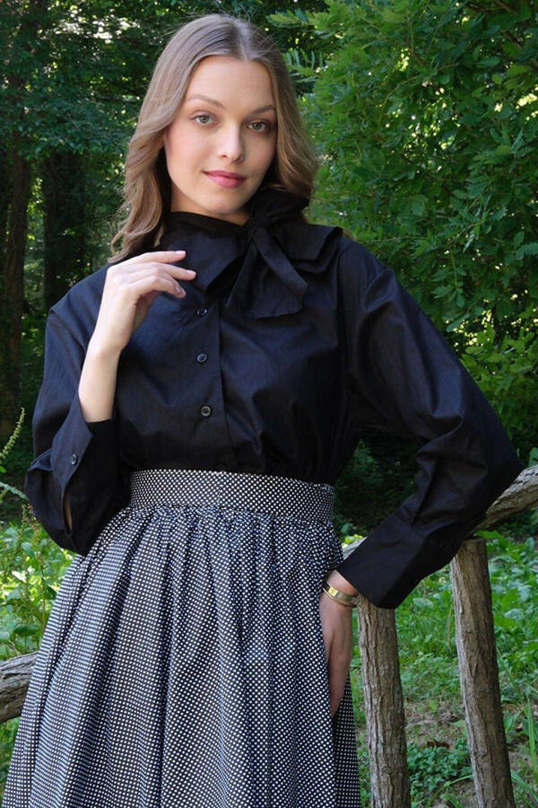 Black Bow Blouse & Black Polka Dot Skirt Set - 5