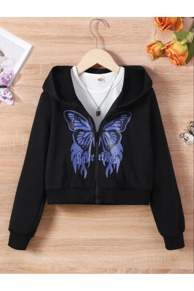 Black Butterfly Printed Kids Hoodie - 1