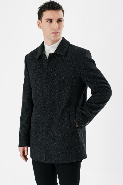 Black Cashmere Berberi Collar Wool Quilted Lined Oversized Comfort Fit Relaxed Fit Classic Coat 1008 - 9