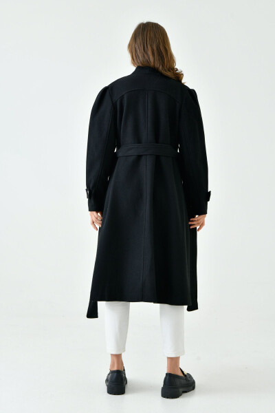 Black cashmere coat, buttoned, lapel collar, belted, lined and long-sleeved. (9003) - 3