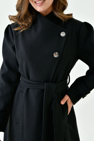 Black cashmere coat, buttoned, lapel collar, belted, lined and long-sleeved. (9003) - 4