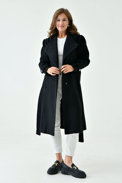 Black cashmere coat, buttoned, lapel collar, belted, lined and long-sleeved. (9003) - 5