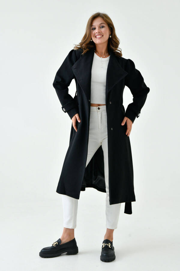 Black cashmere coat, buttoned, lapel collar, belted, lined and long-sleeved. (9003) - 7