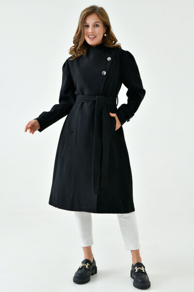 Black cashmere coat, buttoned, lapel collar, belted, lined and long-sleeved. (9003) - 8