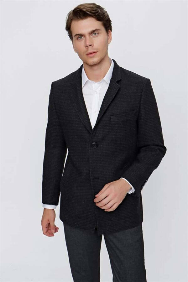 Black Cashmere Notch Lapel Herringbone Pattern Wool Lined Comfort Fit Relaxed Fit Classic Coat - 1