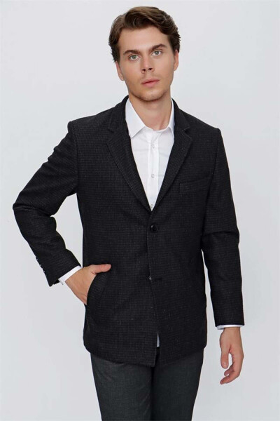 Black Cashmere Notch Lapel Herringbone Pattern Wool Lined Comfort Fit Relaxed Fit Classic Coat - 4