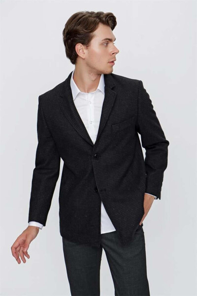 Black Cashmere Notch Lapel Herringbone Pattern Wool Lined Comfort Fit Relaxed Fit Classic Coat - 5