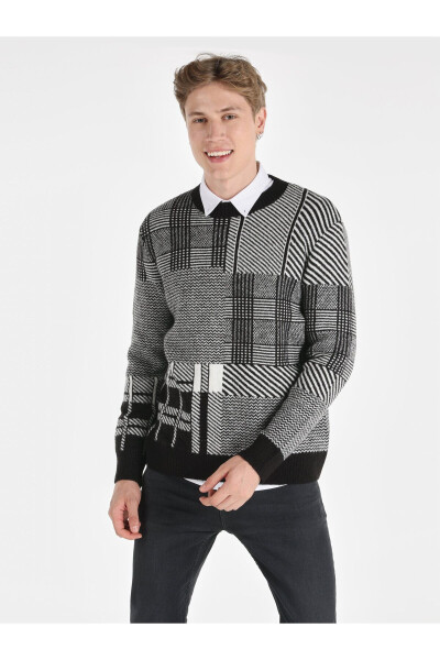 Black, checkered, crew neck sweater for men. - 1