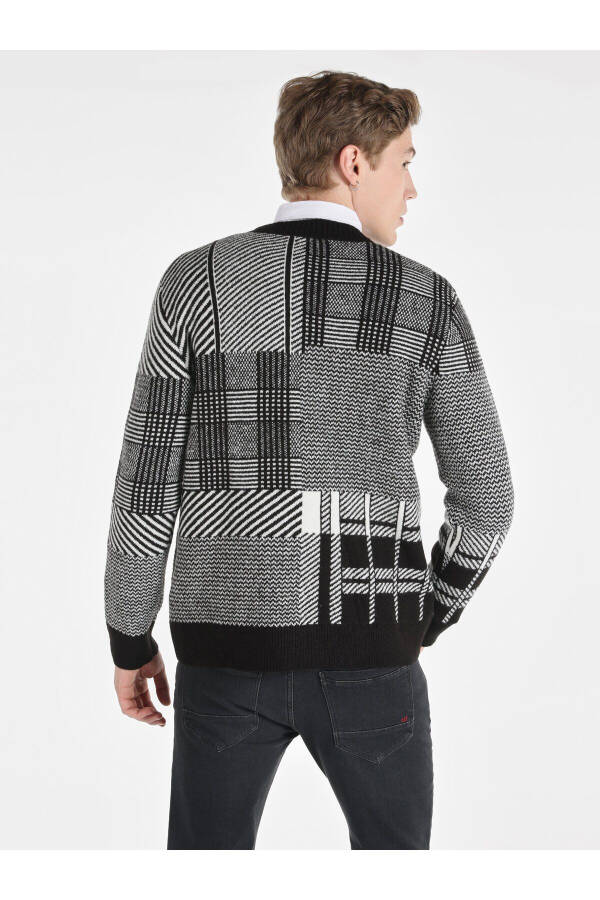 Black, checkered, crew neck sweater for men. - 2