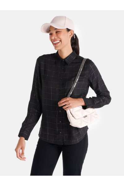 Black checkered long-sleeve slim fit women's shirt - 1