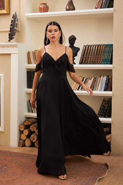 Black Chiffon Long Dress with Ruffled Bust - 3