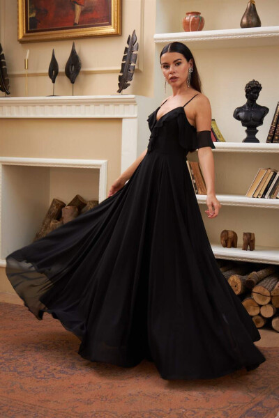 Black Chiffon Long Dress with Ruffled Bust - 4