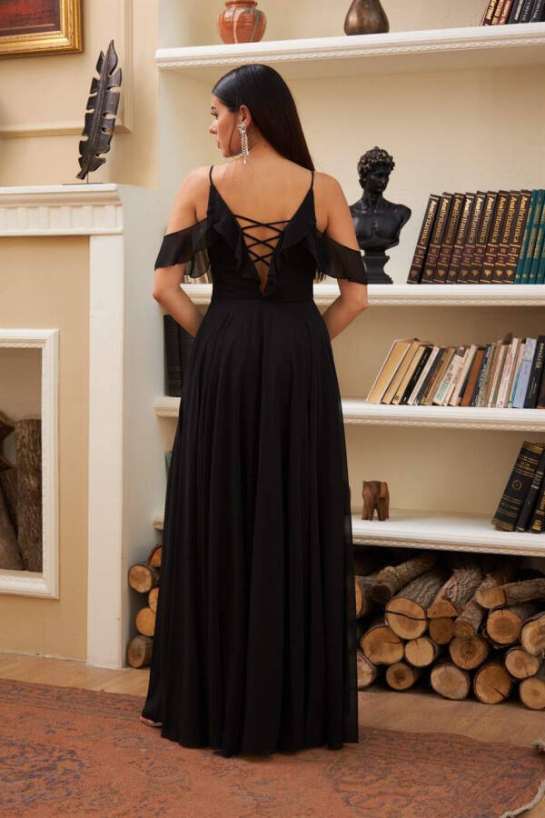 Black Chiffon Long Dress with Ruffled Bust - 5