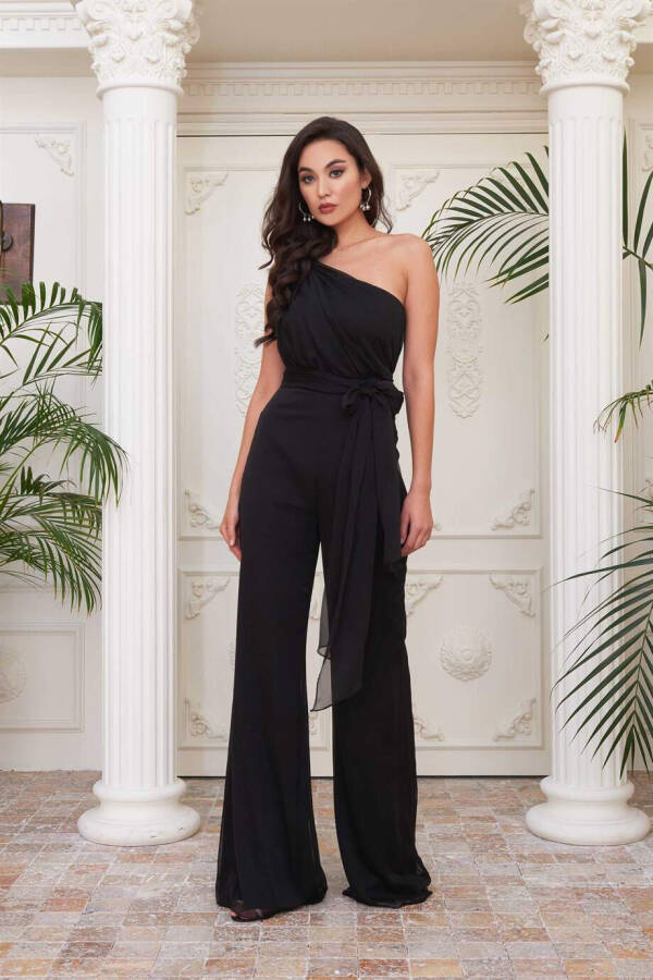 Black Chiffon One Shoulder Knit Jumpsuit - 7