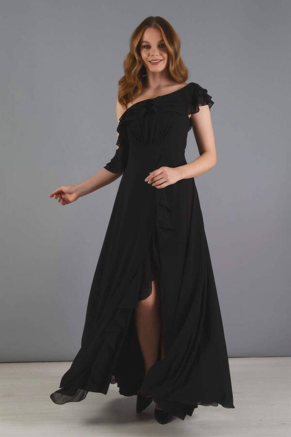 Black Chiffon Ruffled Off-Shoulder Slit Dress - 1