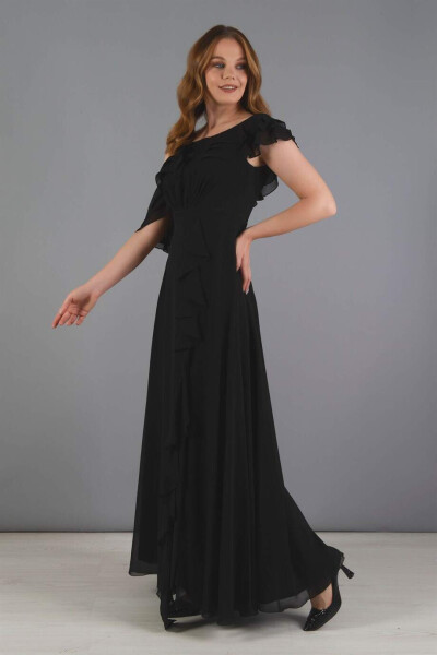 Black Chiffon Ruffled Off-Shoulder Slit Dress - 3