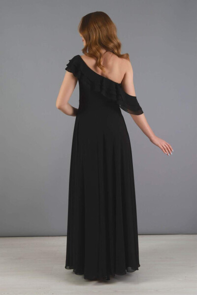 Black Chiffon Ruffled Off-Shoulder Slit Dress - 5