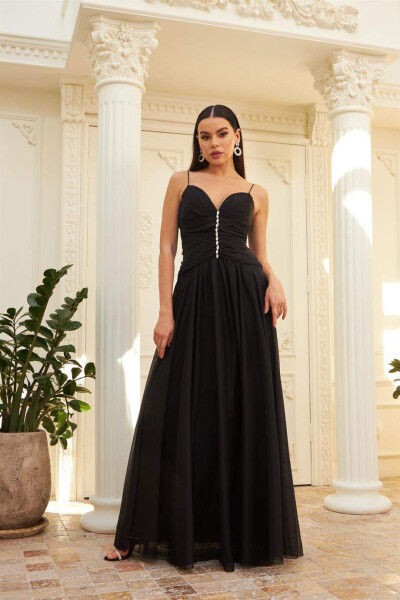 Black Chiffon Strapless Long Dress with Beaded Neckline & Occasion Dress - 1